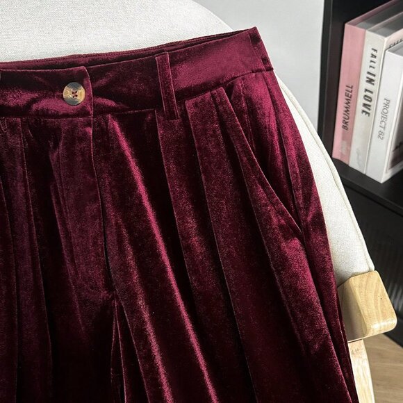 Burgundy Casual Women's Elegant Velvet Pants - Picture 4 of 5